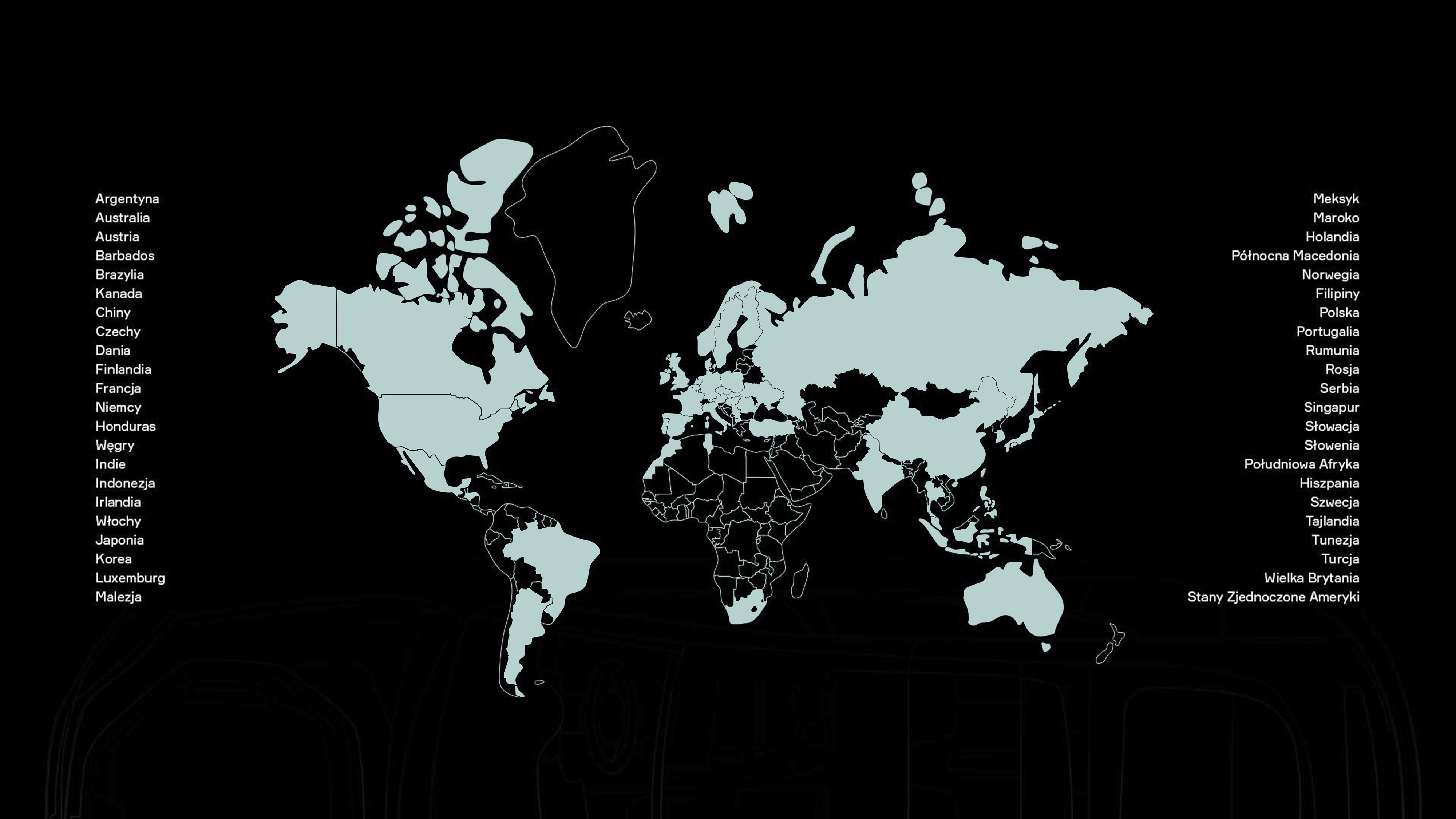 Blue map on a black background with countries listed on the side