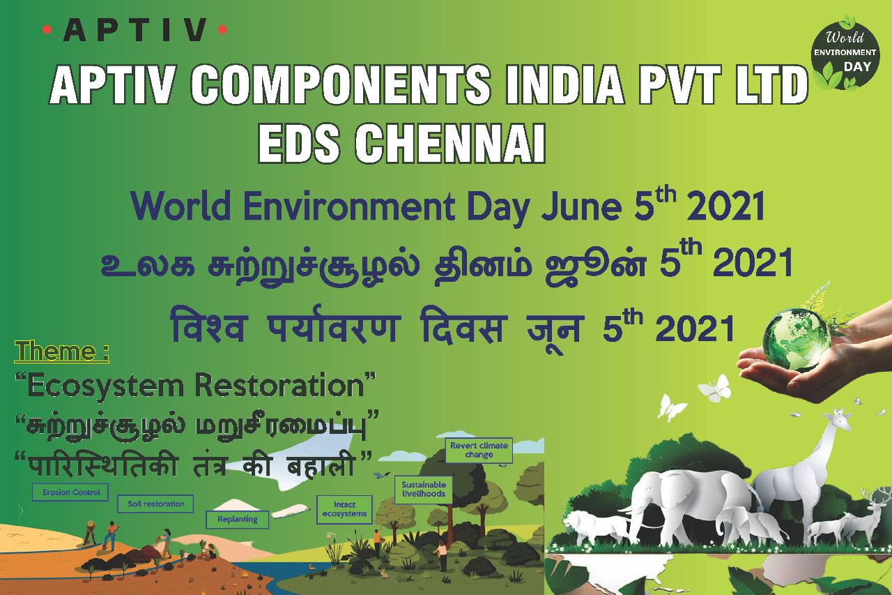 Educational banner about Aptiv’s sustainability commitments at a site in Chennai, India